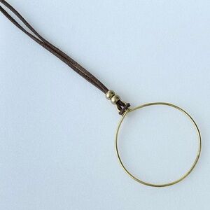 Gold Tone Large Knotted Wire Circle Pendant with Beads On Leather 42”